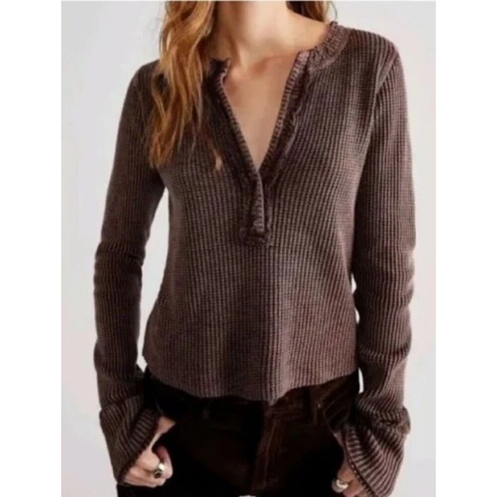 Free People One Colt Thermal Waffle Knit Henley Raw Hem Brown Boho Women Large